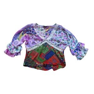 Lotus Patchwork Top Womens Multicolor Boho Lace Ruffle Sleeve SIZE L